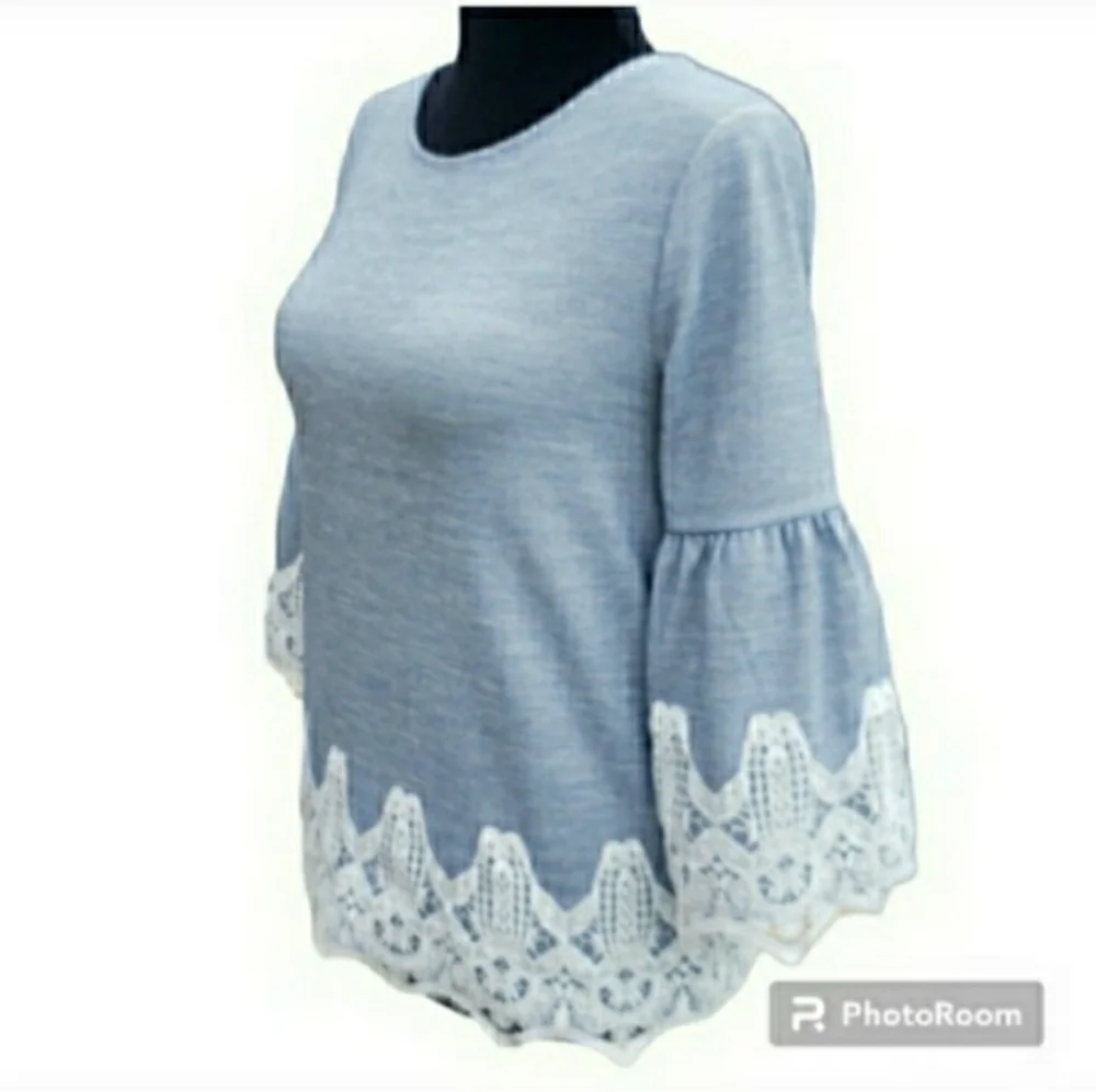 Chico's Top French Pinstripe Lantern Sleeve Blue White Stretch MED π¦RETAIL $89- - Picture 5 of 11